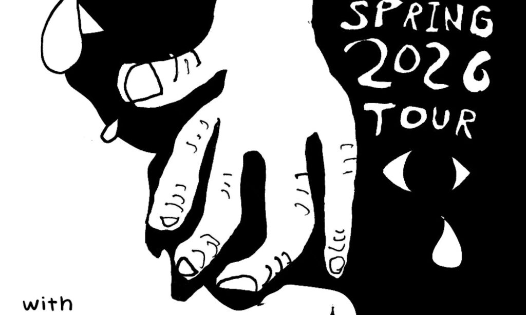 Black and white illustration of hands with "Spring 2026 Tour" text and abstract shapes.