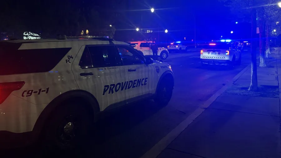 Police vehicles with flashing lights line a street at night, indicating an active scene.