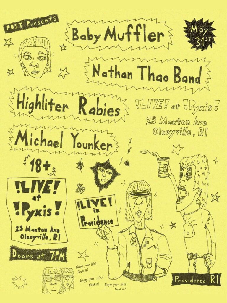 Promotional flyer for a live music event featuring Baby Muffler, Nathan Thao Band, Highliter Rabies, and Michael Younker.