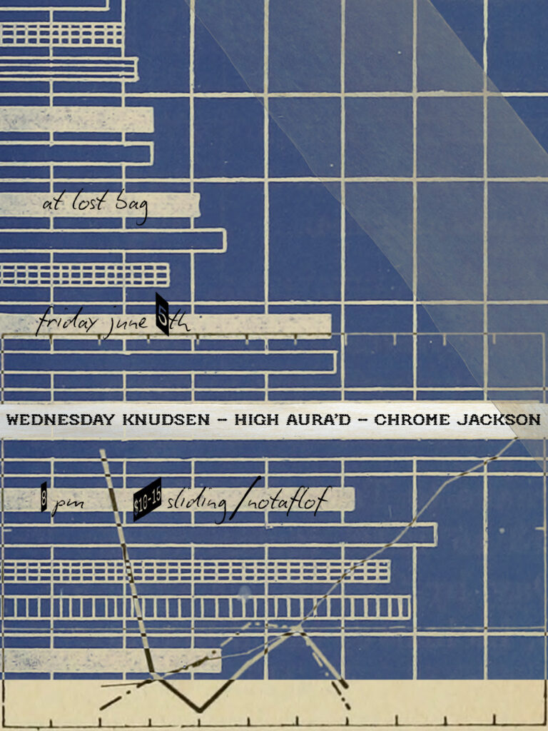 Event poster featuring a blue background, listing performers and details for June 5th at 8 PM.