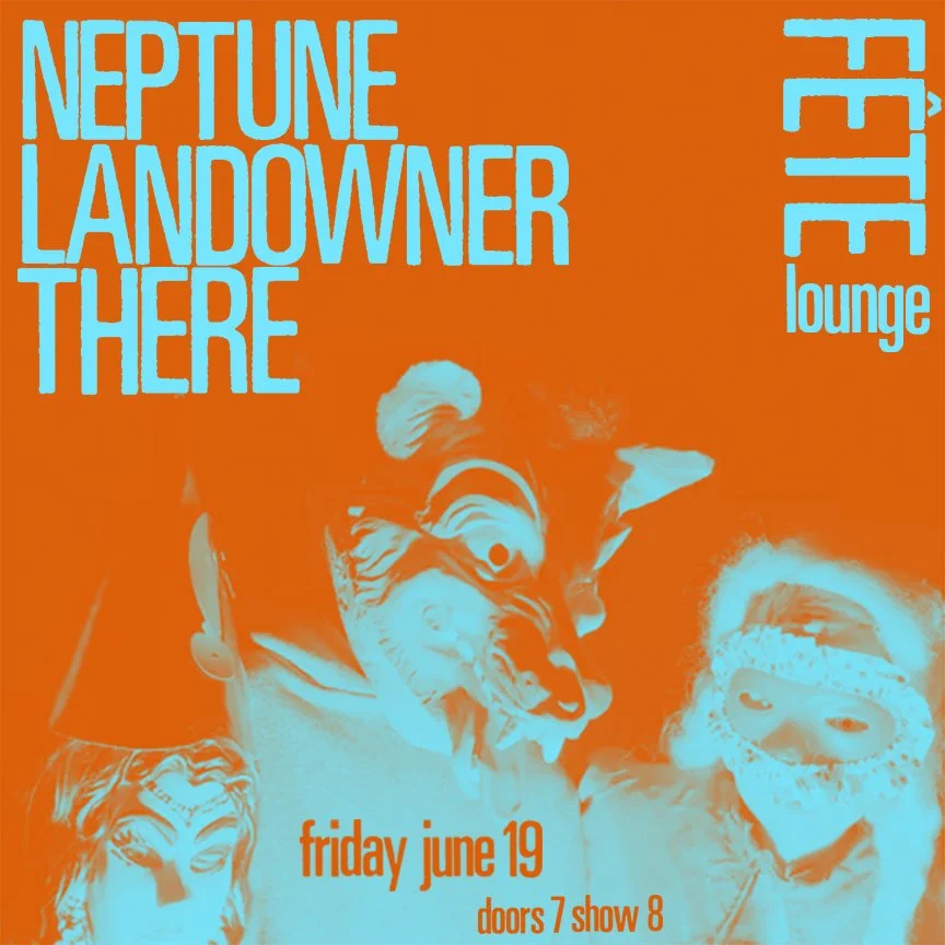 Event poster featuring masked figures and text for Neptune Fête at Fête Lounge on June 19.