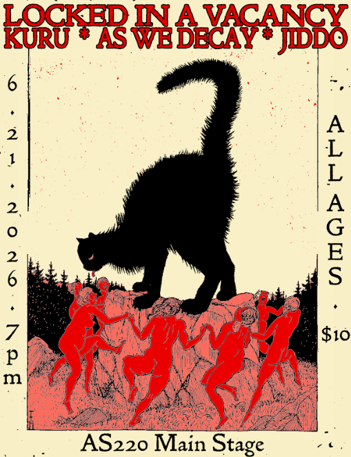 A large black cat looms over red figures dancing on a rocky surface, promoting a music event.