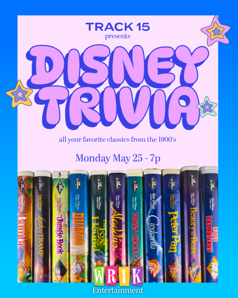 Disney trivia event poster featuring classic movie VHS covers and event details.