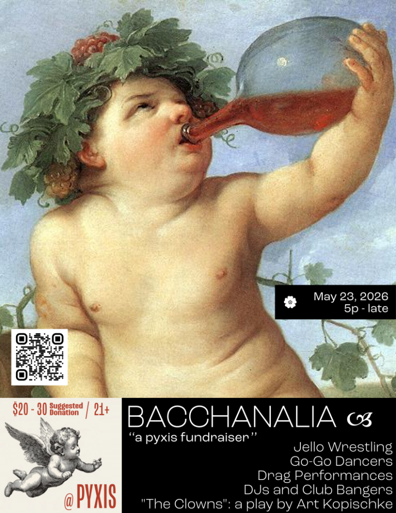 Chubby child with grapevine crown drinks from a large bottle. Event details for Bacchanalia fundraiser included.
