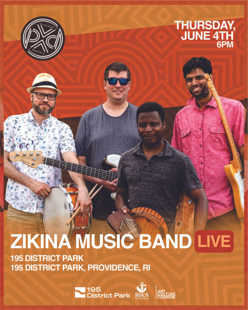 Four musicians stand together, holding various instruments, promoting a live performance by Zikina Music Band.