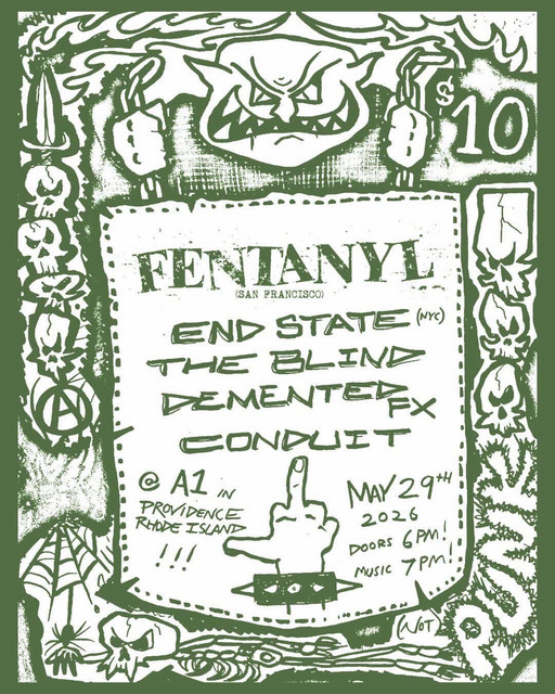 Concert flyer featuring band names, date, venue, and ticket price. Illustrations include skulls and a hand gesture.