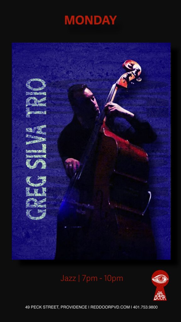 A musician plays double bass in a dimly lit setting, promoting a jazz event on Monday evening.