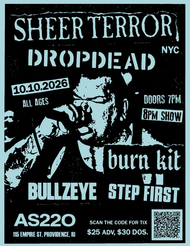Concert poster for Sheer Terror and Dropdead on October 10, 2026, at AS220, Providence, RI.