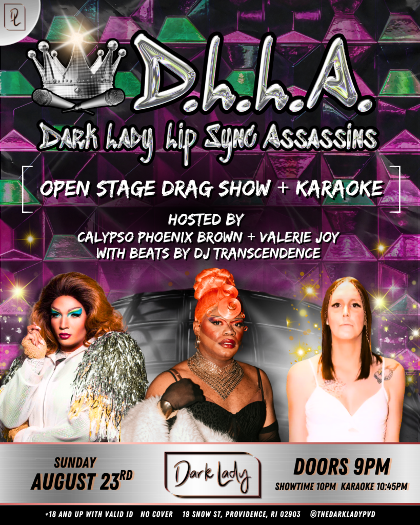 Two drag performers pose in glamorous outfits for a promotional event. Text includes event details and hosts.