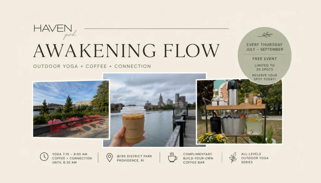 Outdoor yoga event with coffee bar, red chairs, and city skyline in the background. Free, limited spots available.