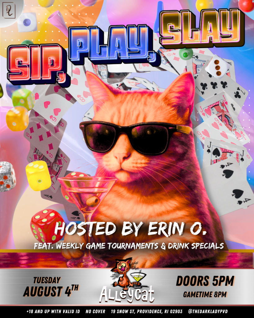 A cartoon cat in sunglasses holds a martini, surrounded by dice and playing cards, promoting a game night event.