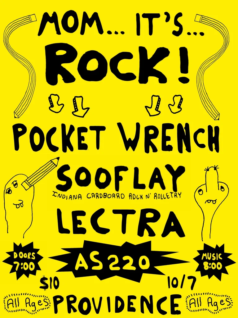 Event flyer for a rock concert featuring Pocket Wrench, Sooflay, and Lectra at AS220, Providence on October 7.