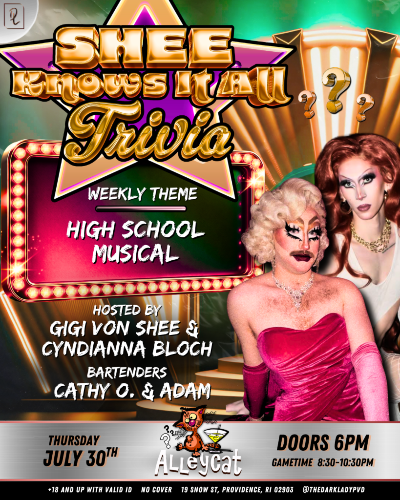 Trivia night poster featuring Gigi Von Shee and Cyndianna Bloch, themed "High School Musical." Event details included.