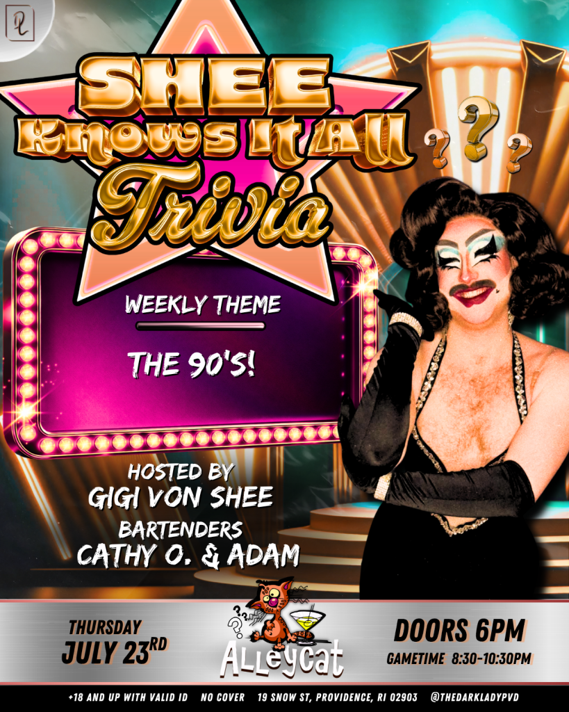 A drag performer in glamorous attire hosts a 90's trivia night at Alleycat, with bartenders Cathy O. and Adam.