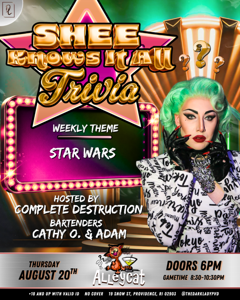 Trivia event themed around Star Wars, hosted by Complete Destruction, featuring bartenders Cathy O. and Adam.