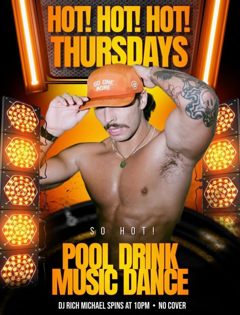 A shirtless man in an orange cap poses with lights in the background, promoting a Thursday event.