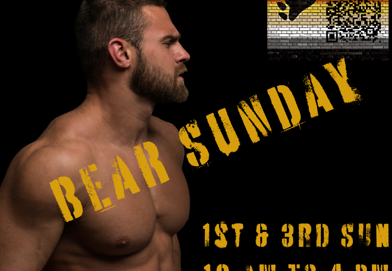 A muscular man with a beard poses, promoting "Bear Sunday" events on the first and third Sundays.