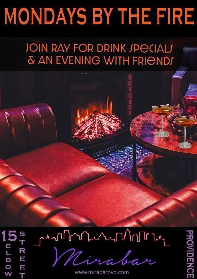 Cozy seating near a fireplace with drinks on a table, promoting a social event at Mirabar.