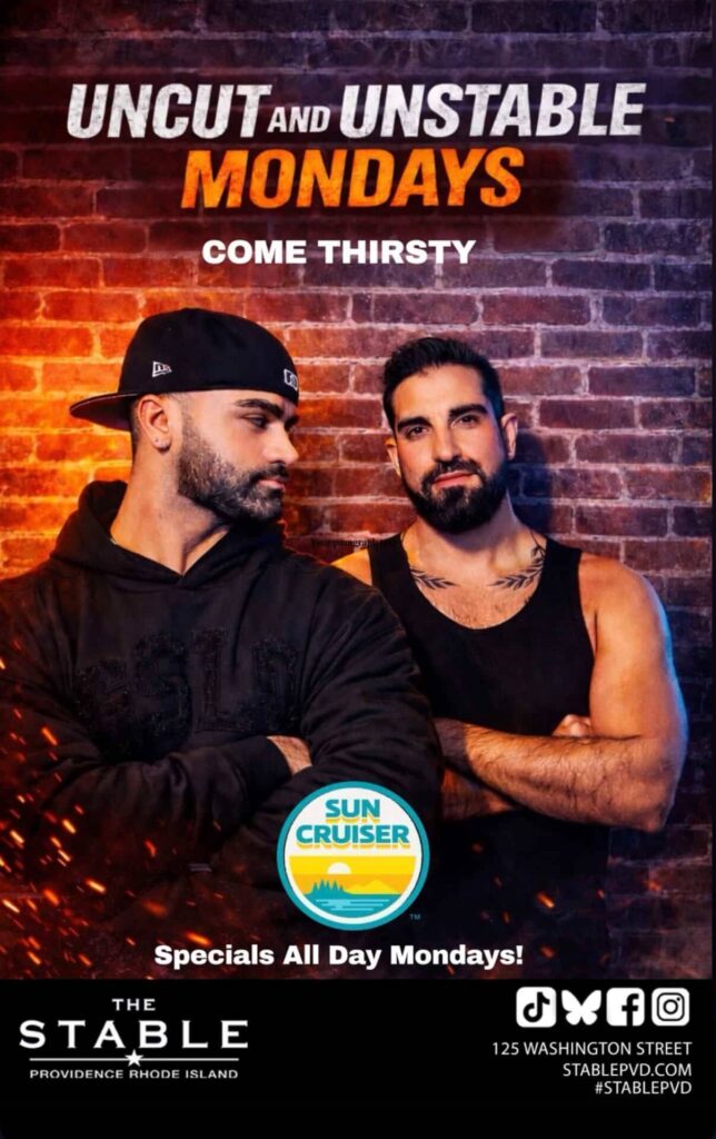 Two men pose against a brick wall, promoting "Uncut and Unstable Mondays" at The Stable.
