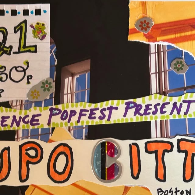 Colorful collage featuring event details, including "Popfest" and "Boston," with decorative elements and window background.