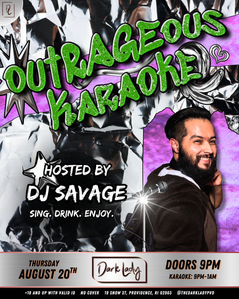 Karaoke event poster featuring DJ Savage, details about the venue, and event time.