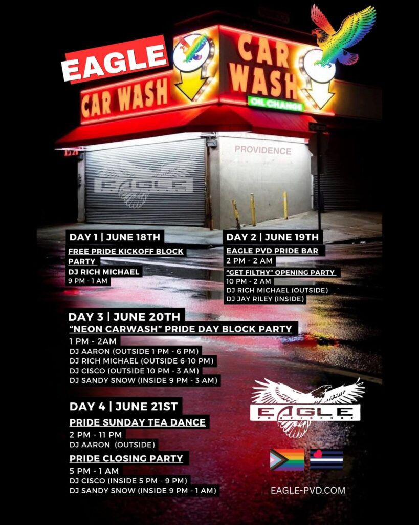 A brightly lit car wash sign displays event details for Eagle PVD's Pride celebrations, including DJs and times.