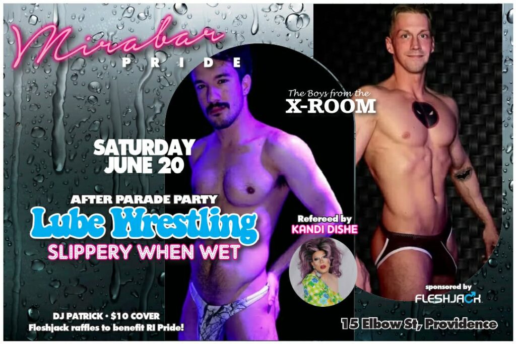 Promotional poster for a lube wrestling event featuring two male wrestlers and a drag queen referee.
