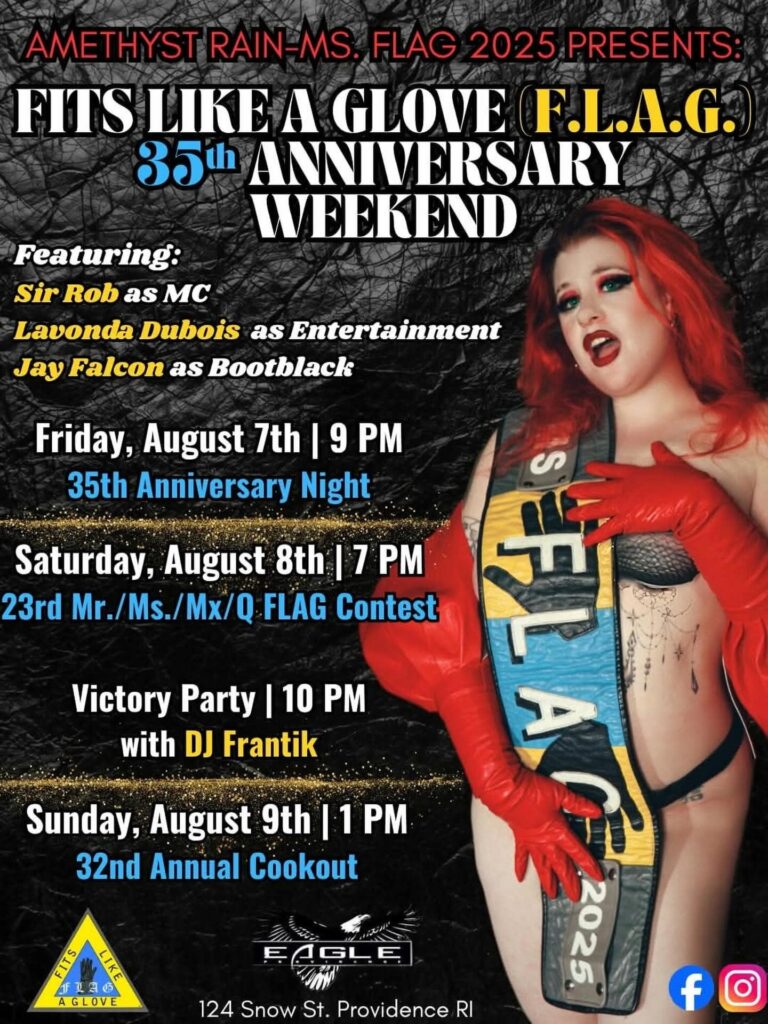 Event poster for the 35th Anniversary of F.L.A.G. featuring performers and schedule of activities.