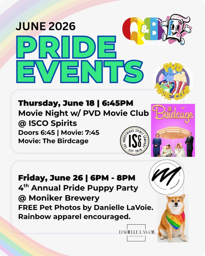 Pride events schedule for June 2026, featuring movie night and puppy party details. Rainbow apparel encouraged.