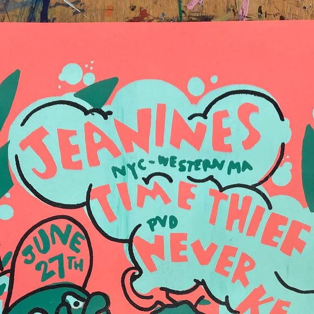 Colorful poster featuring text: "Jeanines," "Time Thief," "PVD," and event date "June 27th.
