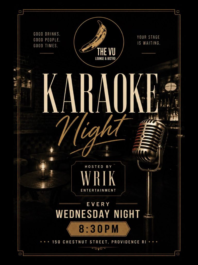 Karaoke night at The Vu Lounge, hosted by Wrik Entertainment, every Wednesday at 8:30 PM.