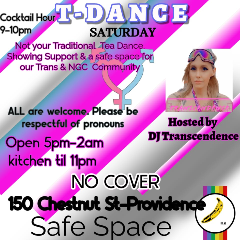 Event flyer for T-Dance, promoting a safe space for the Trans and NGC community, hosted by DJ Transcendence.