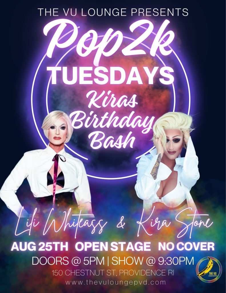 Two performers in glamorous outfits promote Kira's birthday bash at The VU Lounge, featuring an open stage event.