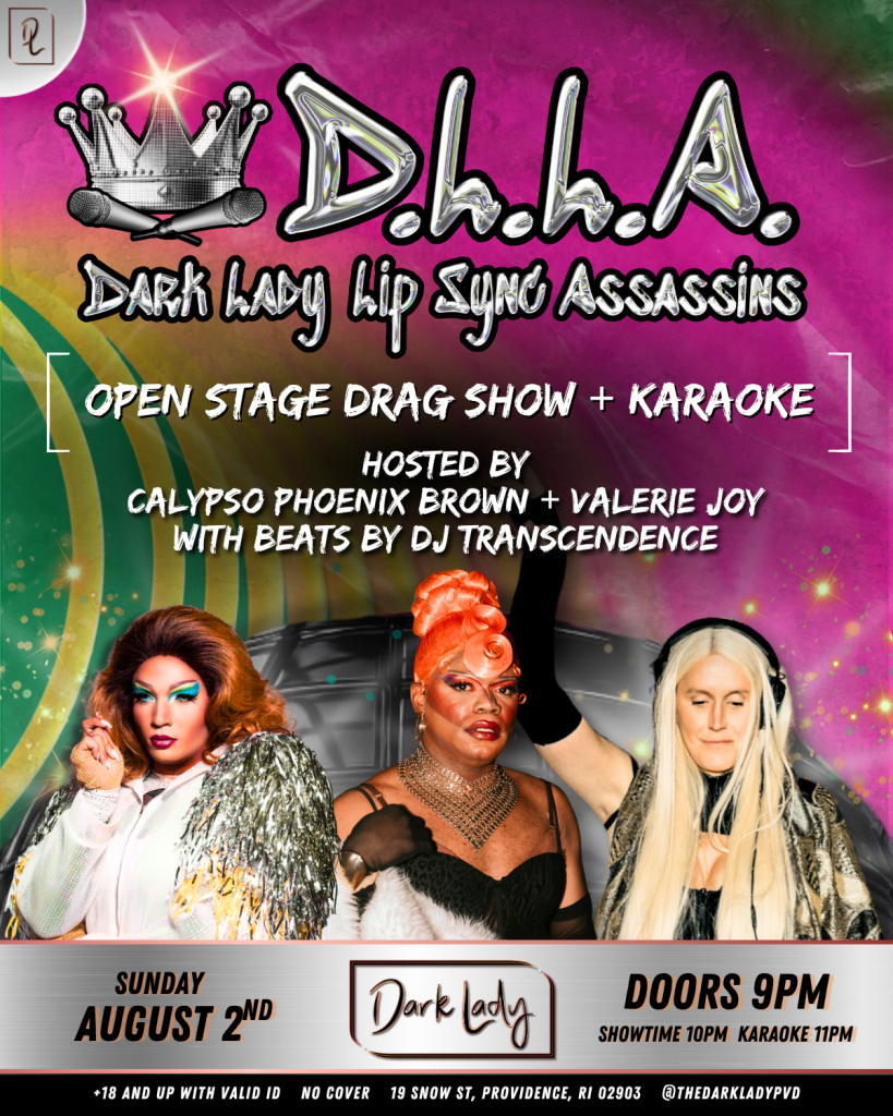 Two drag performers pose in glamorous outfits, promoting an open stage drag show and karaoke event.