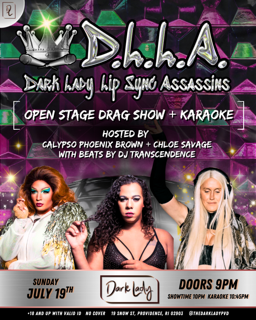 Two drag performers pose confidently, with a DJ in headphones, promoting an open stage drag show and karaoke event.
