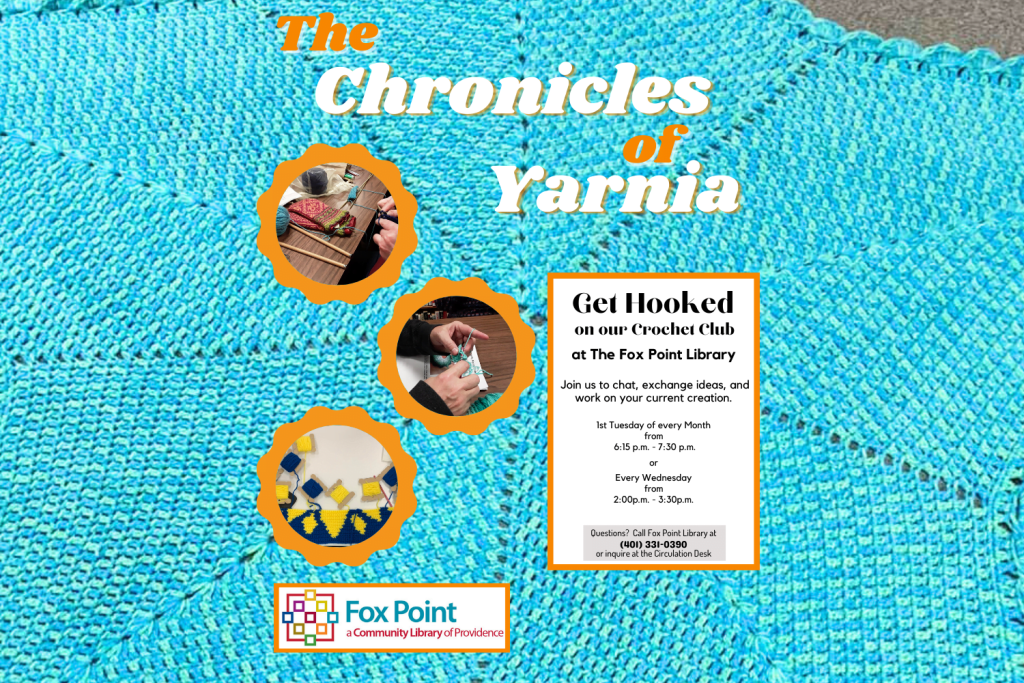Crochet club flyer featuring blue yarn, tools, and details about meeting times at Fox Point Library.