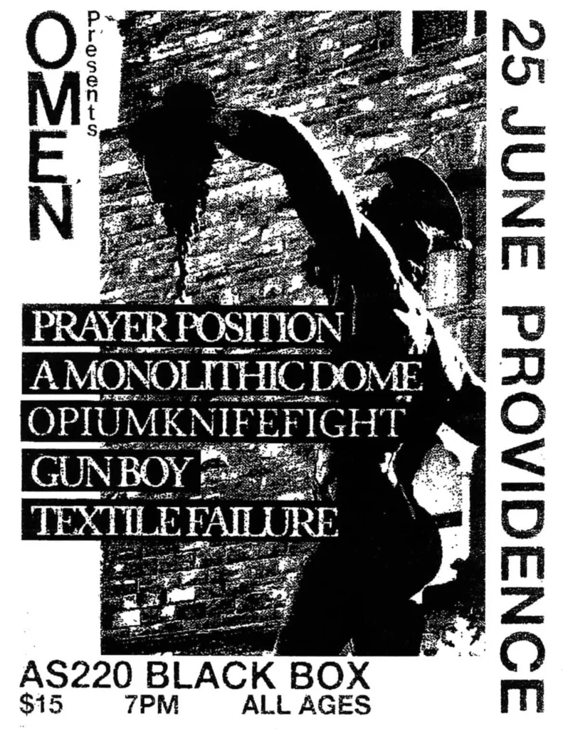 Promotional flyer for a music event featuring several bands, including Prayer Position and Opium Knife Fight.