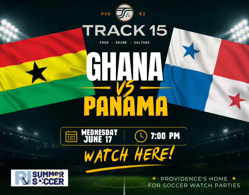 Ghana and Panama flags with event details for a soccer match on June 17 at 7 PM.