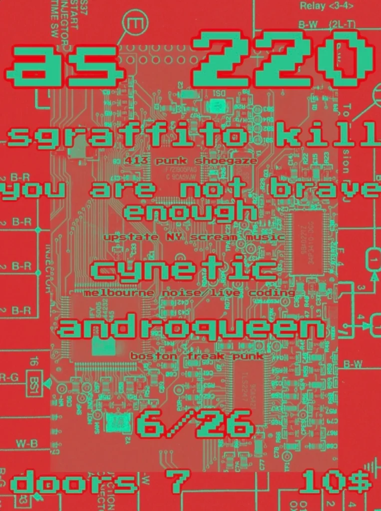 Event poster featuring text about a music show with bands "Cynetic" and "Androqueen," date, time, and ticket price.