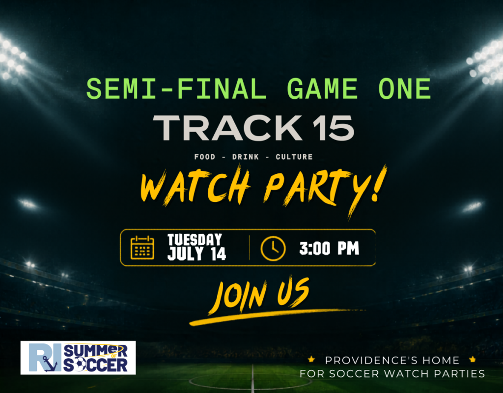 Promotional graphic for a soccer watch party on July 14 at Track 15, featuring food, drink, and culture.