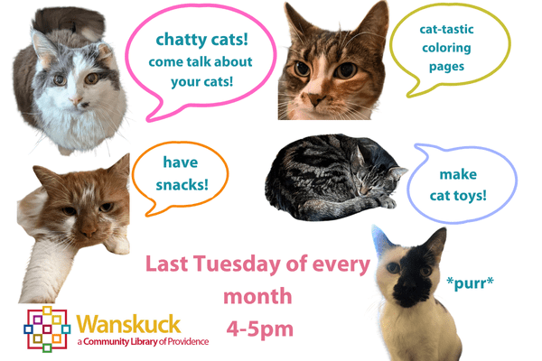 Cats with various expressions promote a library event featuring snacks, coloring pages, and cat toy making.