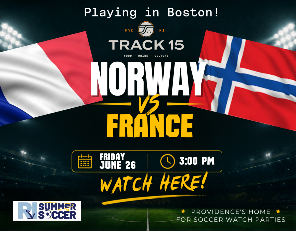 Norway vs. France soccer match announcement with flags, date, time, and venue details.