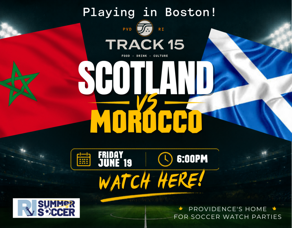 Soccer match announcement: Scotland vs. Morocco on June 19 at 6:00 PM at Track 15 in Boston.