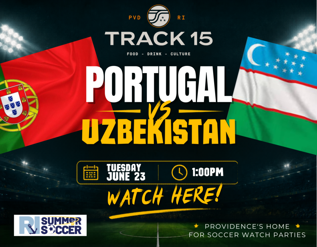 Flags of Portugal and Uzbekistan with event details for a soccer match on June 23 at 1:00 PM.