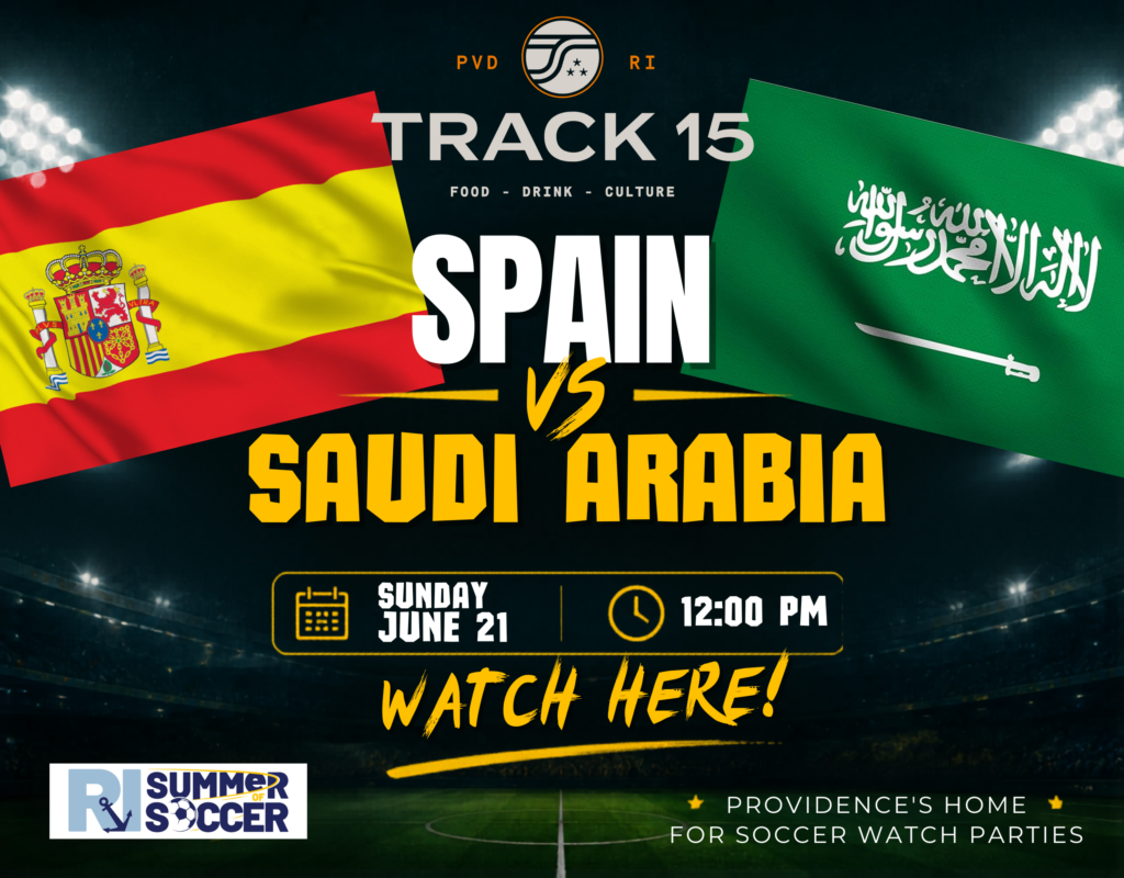 Spain and Saudi Arabia flags with event details for a soccer watch party on June 21 at 12:00 PM.