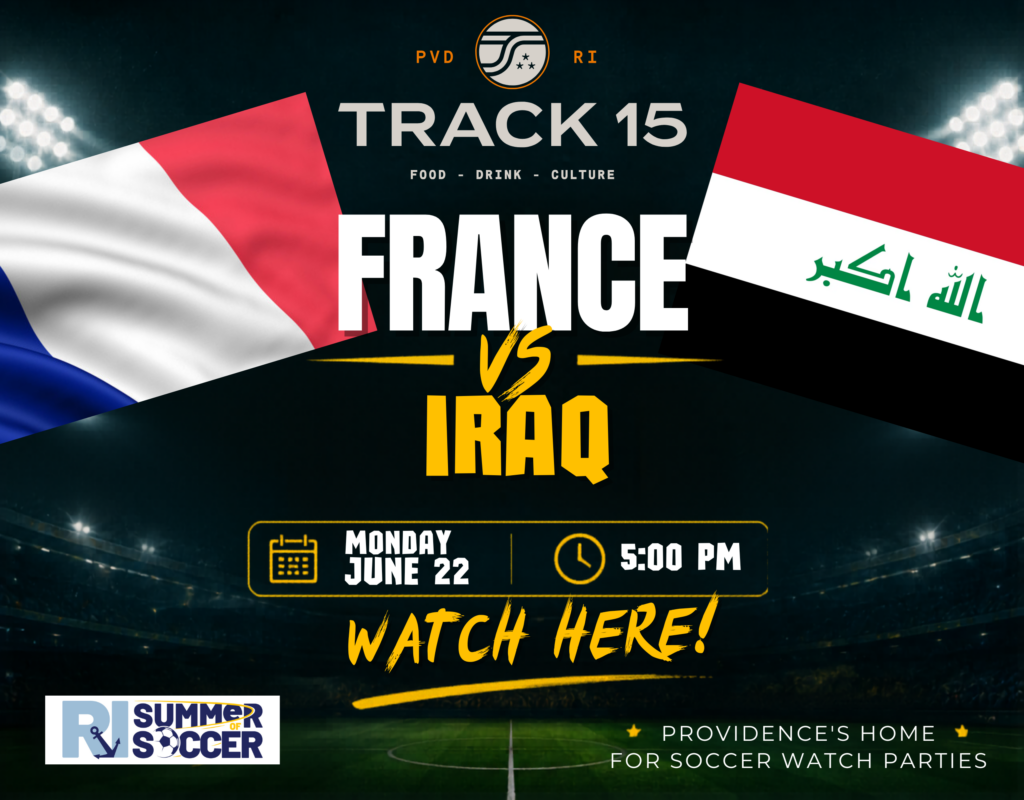 Flags of France and Iraq with event details for a soccer match on June 22 at 5:00 PM.