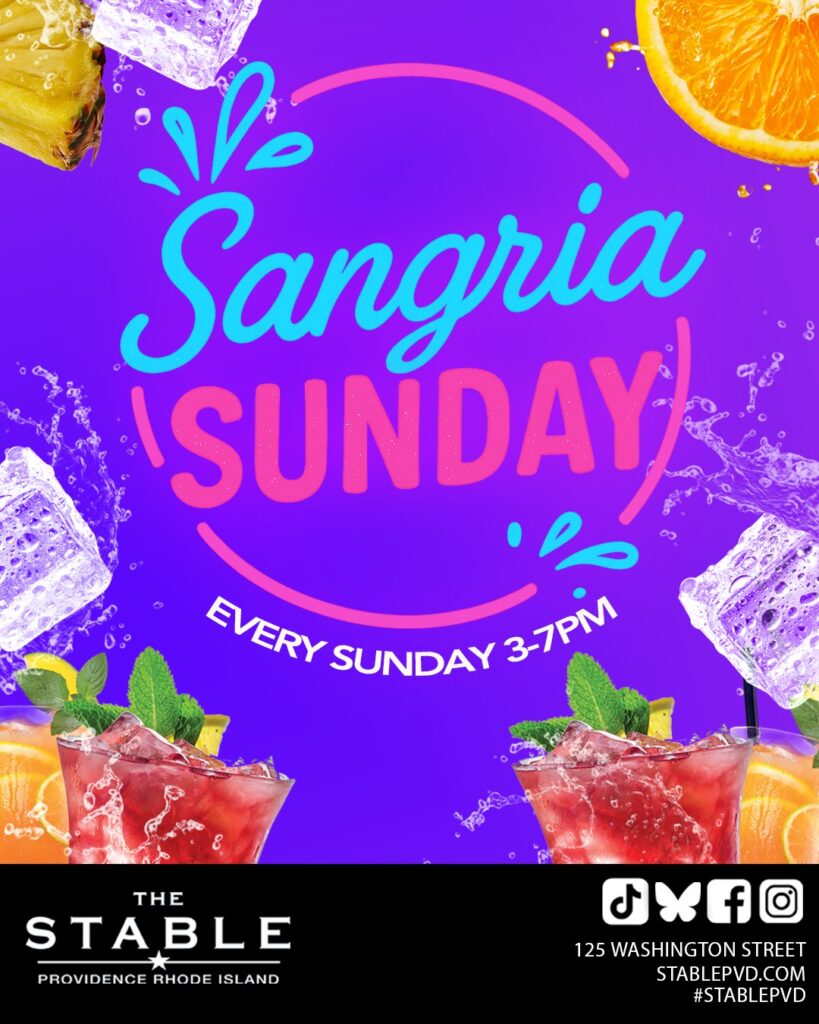 Colorful drinks with fruit and ice, promoting Sangria Sunday event from 3-7 PM at The Stable.
