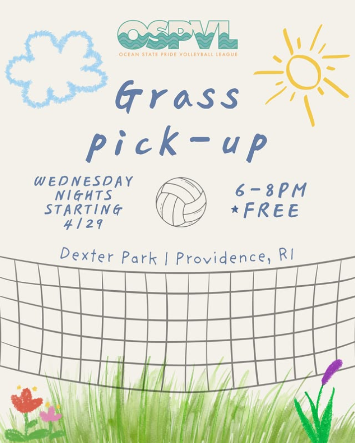 Announcement for a free grass volleyball pickup event at Dexter Park, Providence, Wednesdays 6-8 PM starting April 29.