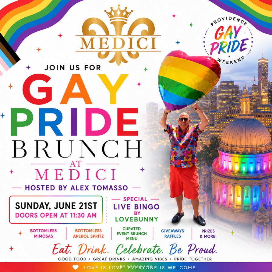 Colorful promotional poster for a Gay Pride brunch at Medici, featuring a man holding a rainbow balloon.