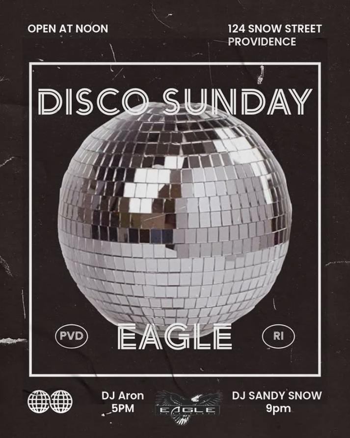 Promotional poster for Disco Sunday at Eagle, featuring a disco ball, event details, and DJ lineup.